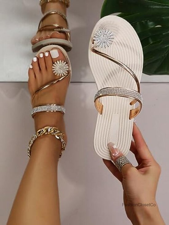 Women Rhinestone Toe Ring Sandals Dressy Metallic Strappy Slides Flats Shoes